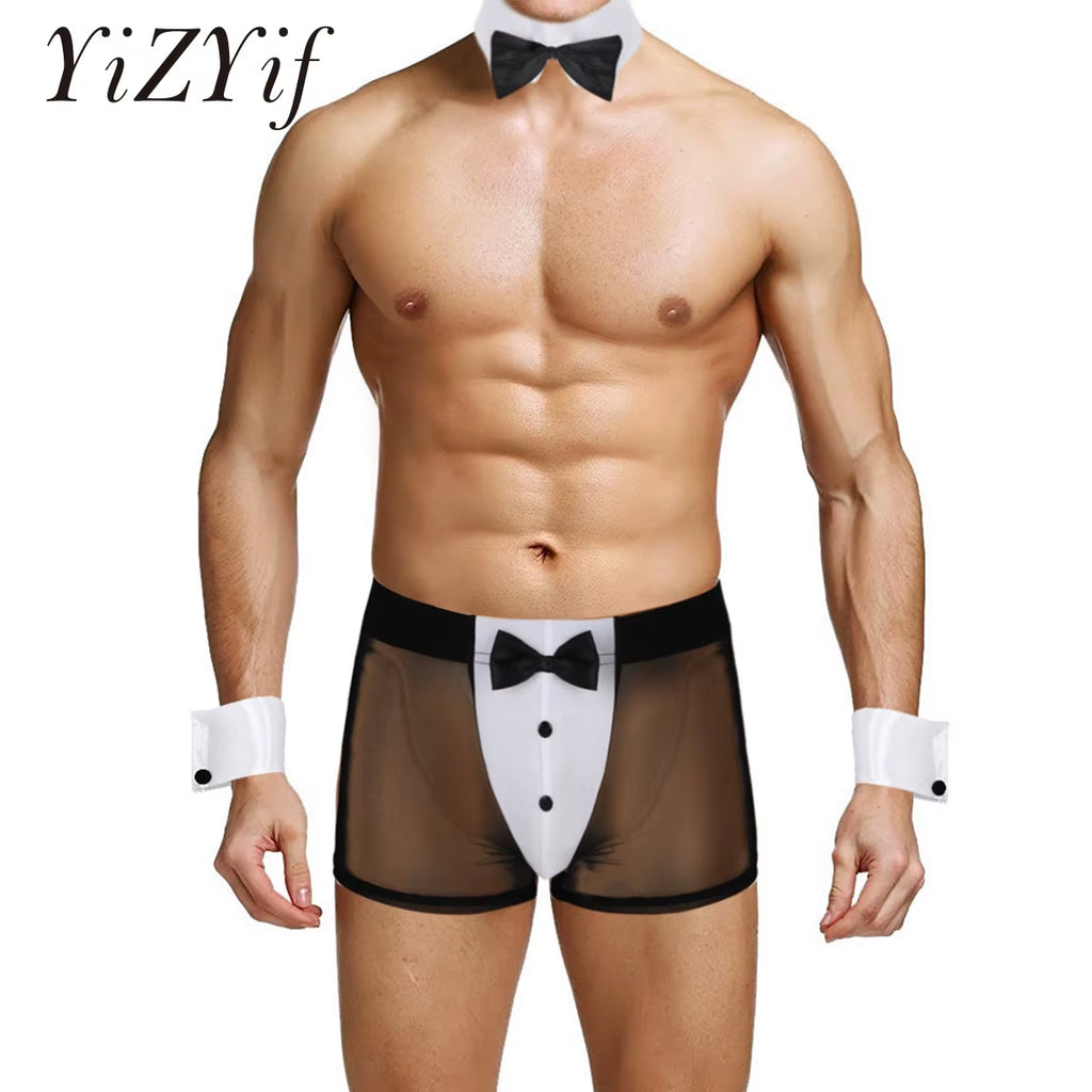 Men Erotic Tuxedo Uniform Waiter Sexy Halloween Role Play Costume Outfit Cute Briefs with Bowknot Collar Cuff Sissy Lingerie Set