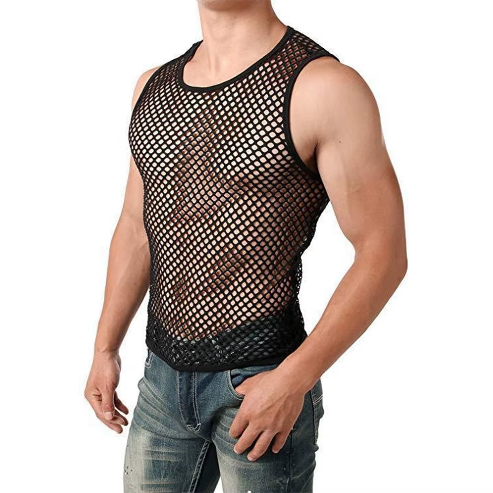 Mens Sexy Tank Top Transparent Mesh Undershirt Fishnet Vest String Sleeveless Shirts Male See through Night Clubwear Slim Sport