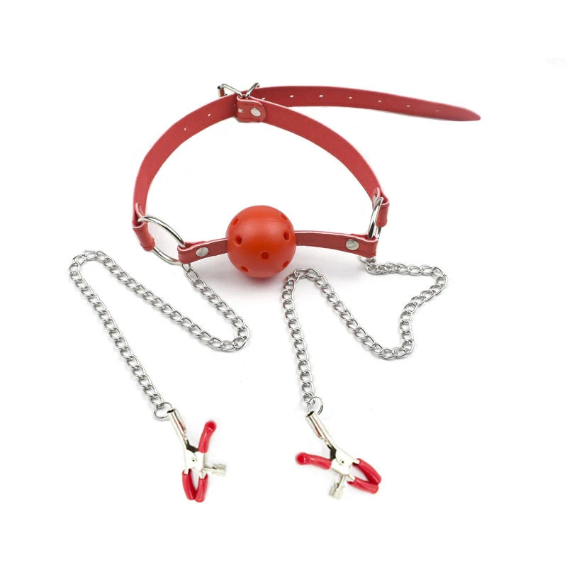 Sexy Toys PU Leather Mouth Gag Ball Oral Sex with Chain Nipple Clip Fetish Bondage Nipple Clamps Erotic Sex Adult Toy