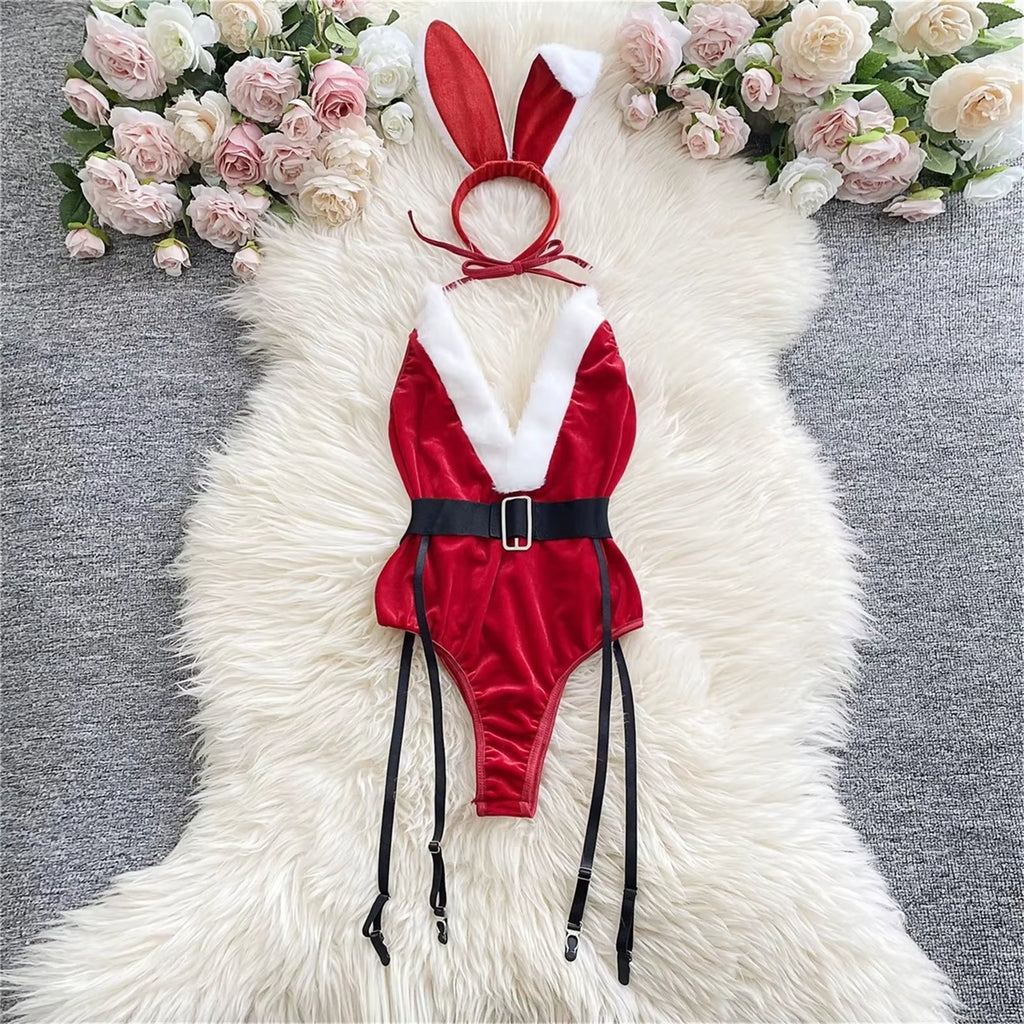 Women'S Christmas Sexy Sets Bunny Red Bodysuit Lingerie and Hat Underwear Women Sexy Lingerie Set Lingerie Sexy De Femmes