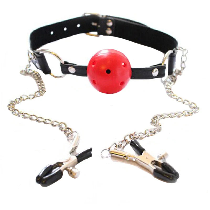 Sexy Toys PU Leather Mouth Gag Ball Oral Sex with Chain Nipple Clip Fetish Bondage Nipple Clamps Erotic Sex Adult Toy