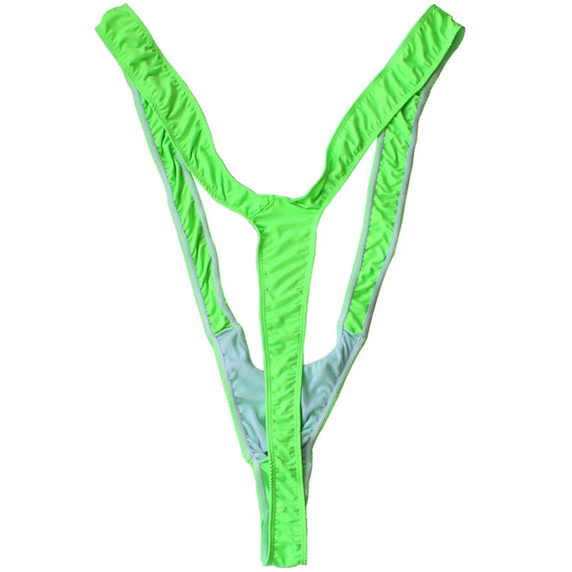 Bright Fluoro Sexy Men Mankini Thong Stretch Open Deep V-Neck Borat Men Beach Swimwear Swimsuit Hot Men Lingerie