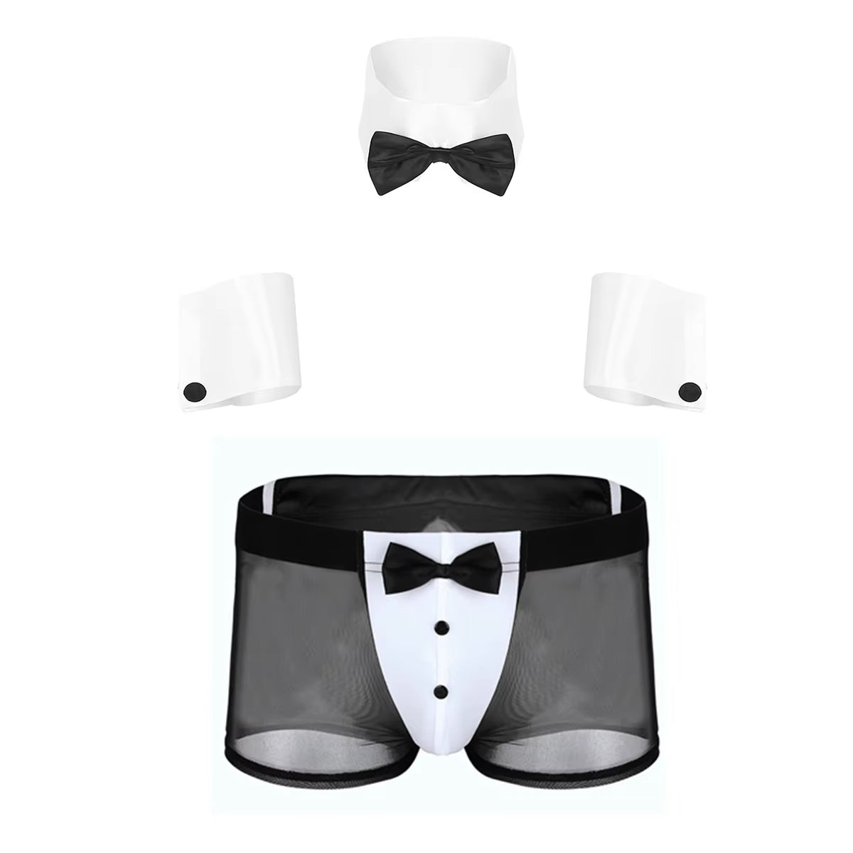Men Erotic Tuxedo Uniform Waiter Sexy Halloween Role Play Costume Outfit Cute Briefs with Bowknot Collar Cuff Sissy Lingerie Set