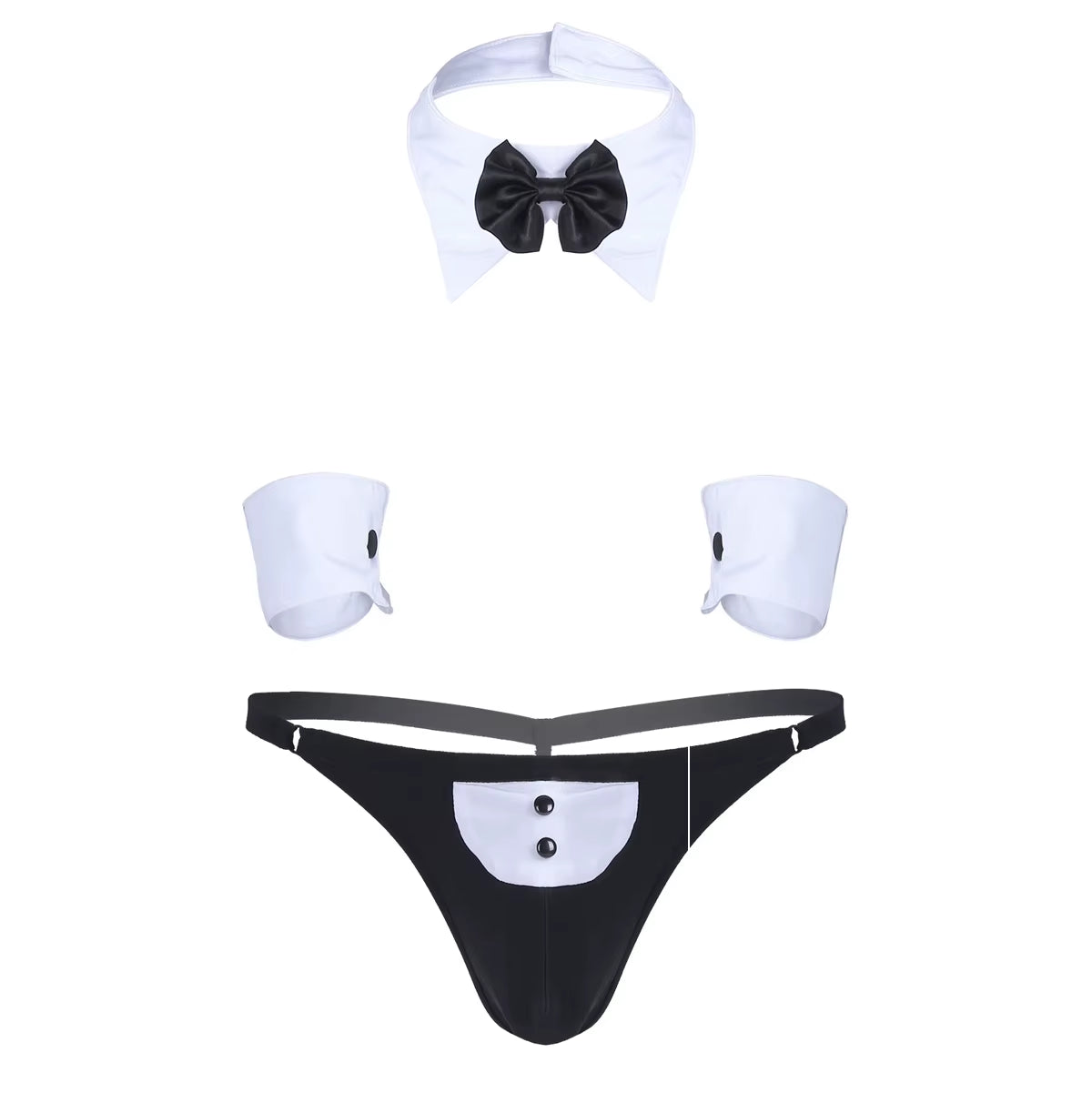 Men Erotic Tuxedo Uniform Waiter Sexy Halloween Role Play Costume Outfit Cute Briefs with Bowknot Collar Cuff Sissy Lingerie Set