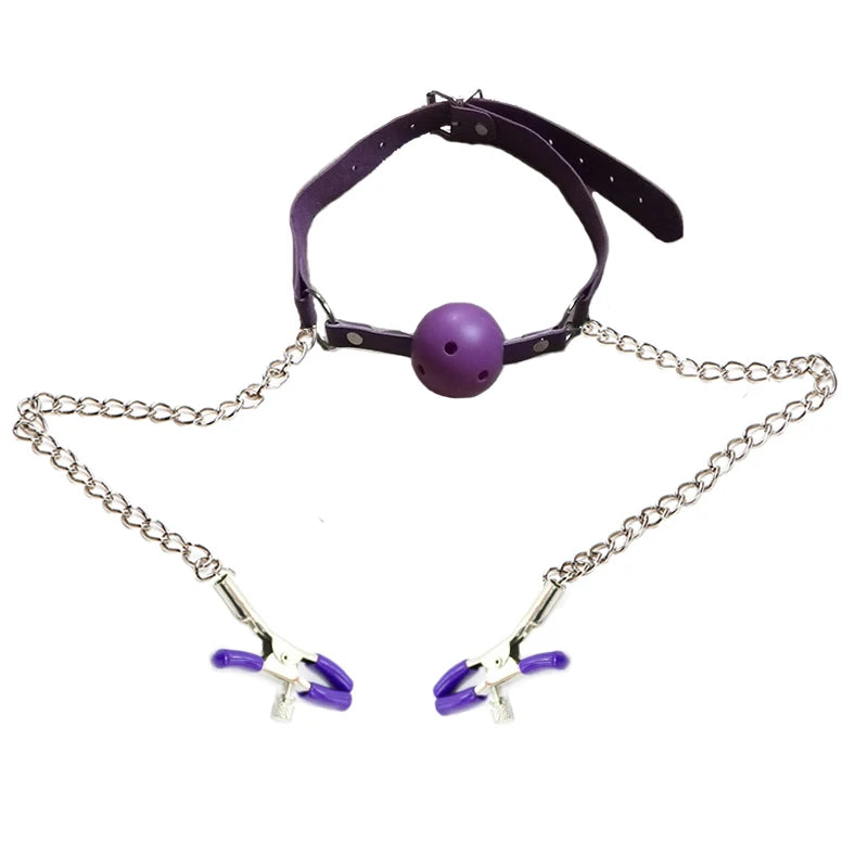Sexy Toys PU Leather Mouth Gag Ball Oral Sex with Chain Nipple Clip Fetish Bondage Nipple Clamps Erotic Sex Adult Toy
