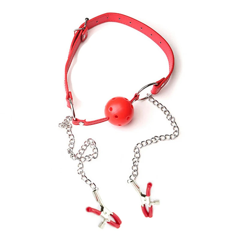 Sexy Toys PU Leather Mouth Gag Ball Oral Sex with Chain Nipple Clip Fetish Bondage Nipple Clamps Erotic Sex Adult Toy