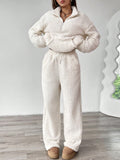 Women'S White Thermal Lined Stand Collar Half-Zip Pocket Decorated Long Sleeve Top and Drawstring Waist Long Pants Winter Sports Suit
