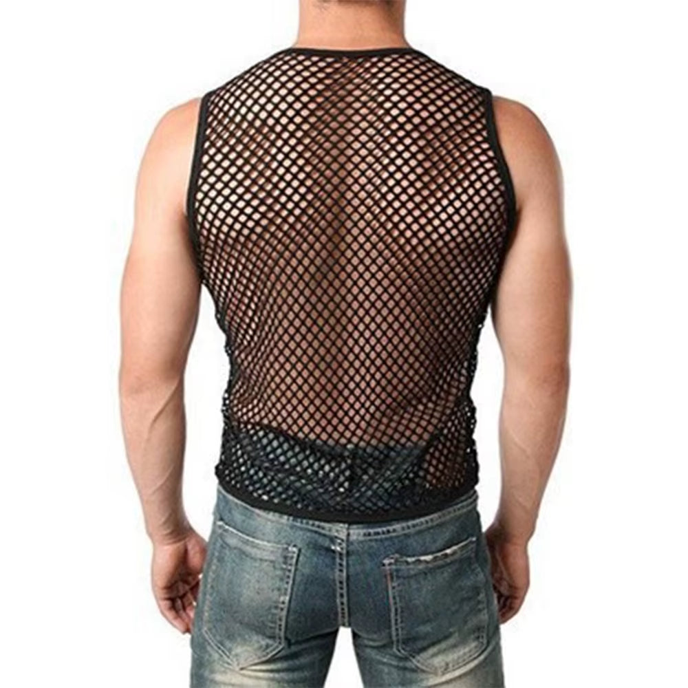 Mens Sexy Tank Top Transparent Mesh Undershirt Fishnet Vest String Sleeveless Shirts Male See through Night Clubwear Slim Sport
