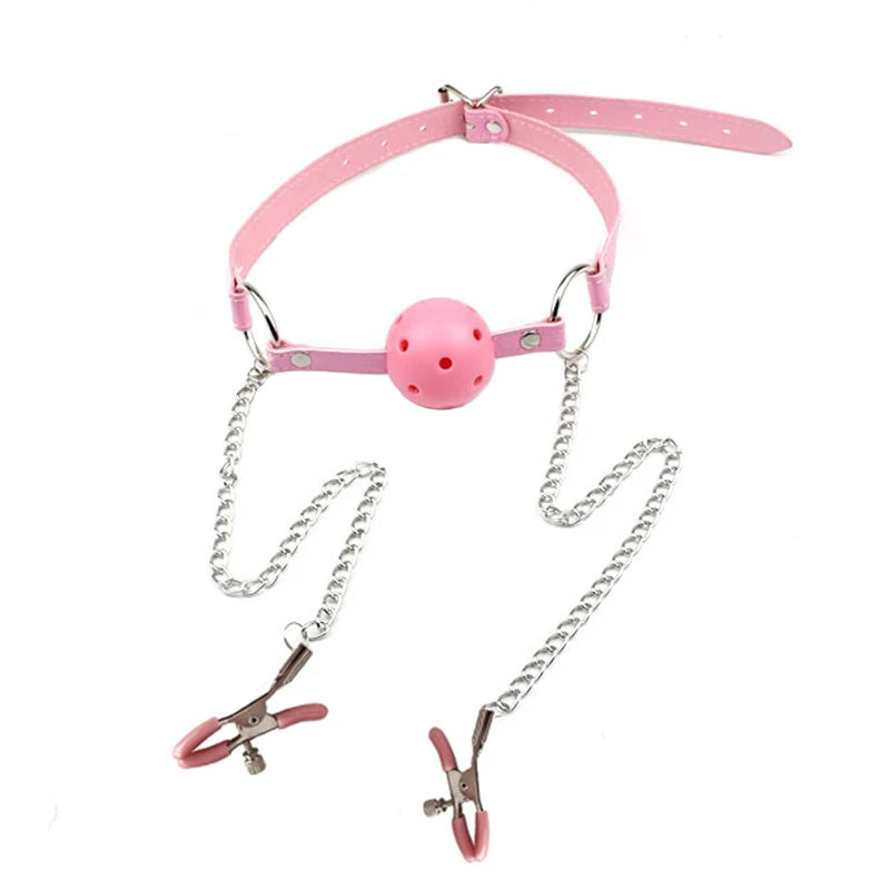 Sexy Toys PU Leather Mouth Gag Ball Oral Sex with Chain Nipple Clip Fetish Bondage Nipple Clamps Erotic Sex Adult Toy
