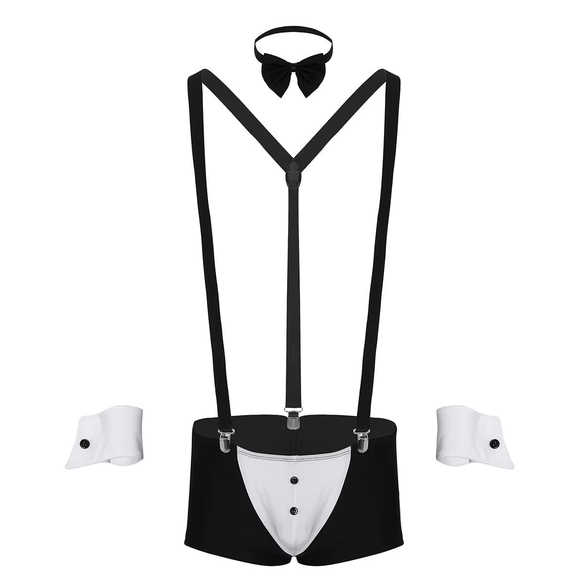 Men Erotic Tuxedo Uniform Waiter Sexy Halloween Role Play Costume Outfit Cute Briefs with Bowknot Collar Cuff Sissy Lingerie Set