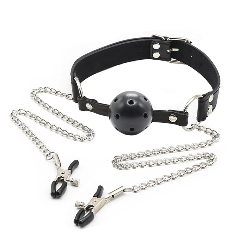Sexy Toys PU Leather Mouth Gag Ball Oral Sex with Chain Nipple Clip Fetish Bondage Nipple Clamps Erotic Sex Adult Toy