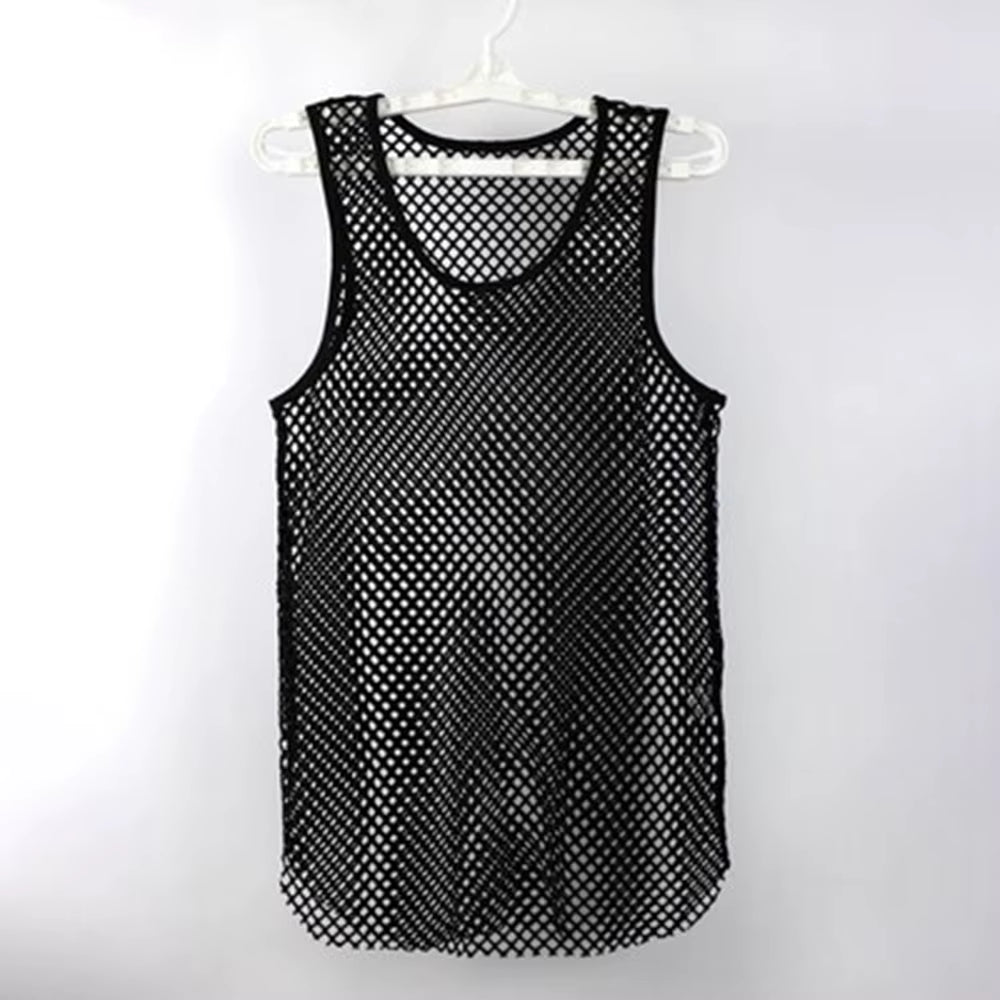 Mens Sexy Tank Top Transparent Mesh Undershirt Fishnet Vest String Sleeveless Shirts Male See through Night Clubwear Slim Sport