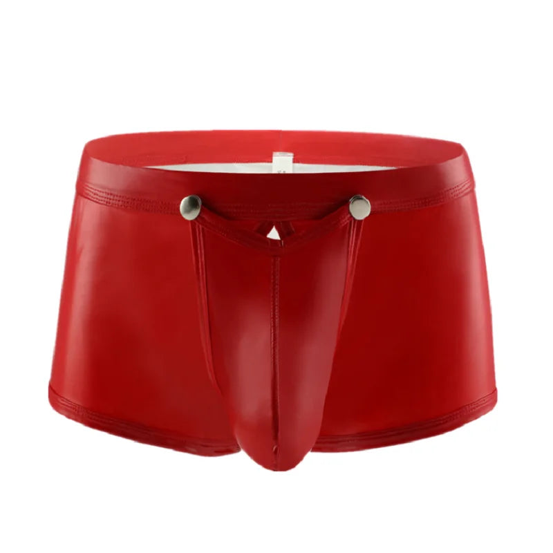 Mens Sexy Leather Lingerie Open Crotch Short Pants for Sex Latex Shaping Sheath Fetish Boxer Leather Underpants Bulge Pouch Sex