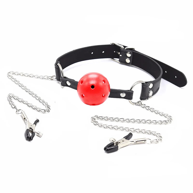 Sexy Toys PU Leather Mouth Gag Ball Oral Sex with Chain Nipple Clip Fetish Bondage Nipple Clamps Erotic Sex Adult Toy