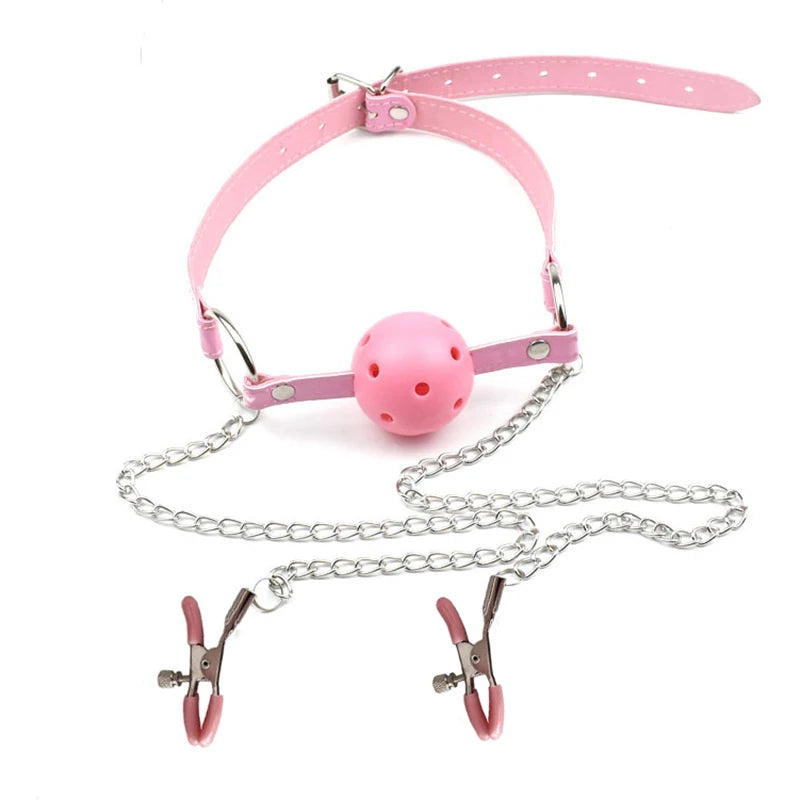Sexy Toys PU Leather Mouth Gag Ball Oral Sex with Chain Nipple Clip Fetish Bondage Nipple Clamps Erotic Sex Adult Toy