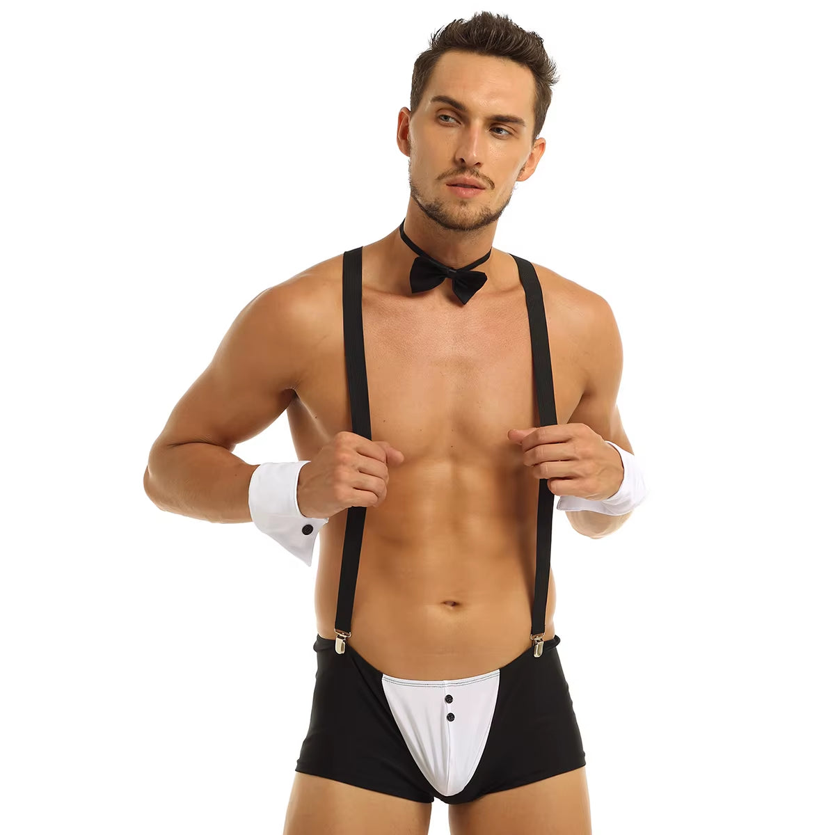 Men Erotic Tuxedo Uniform Waiter Sexy Halloween Role Play Costume Outfit Cute Briefs with Bowknot Collar Cuff Sissy Lingerie Set