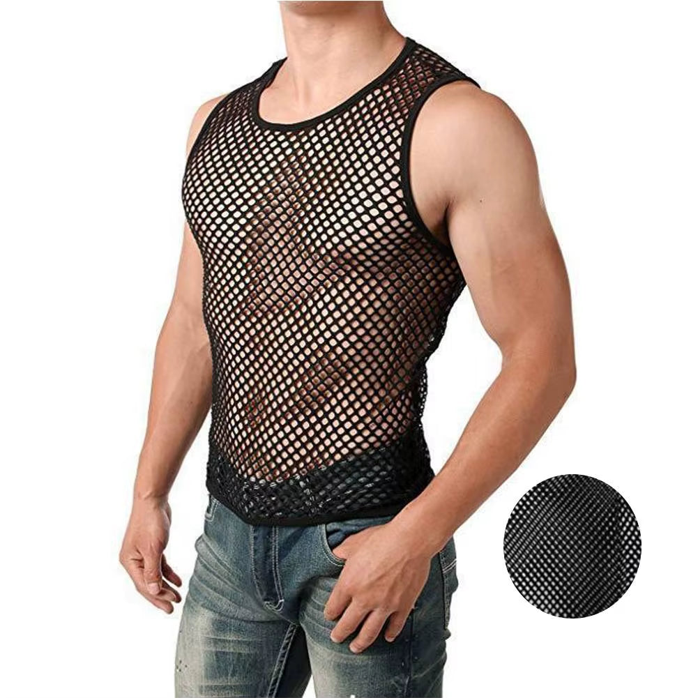 Mens Sexy Tank Top Transparent Mesh Undershirt Fishnet Vest String Sleeveless Shirts Male See through Night Clubwear Slim Sport