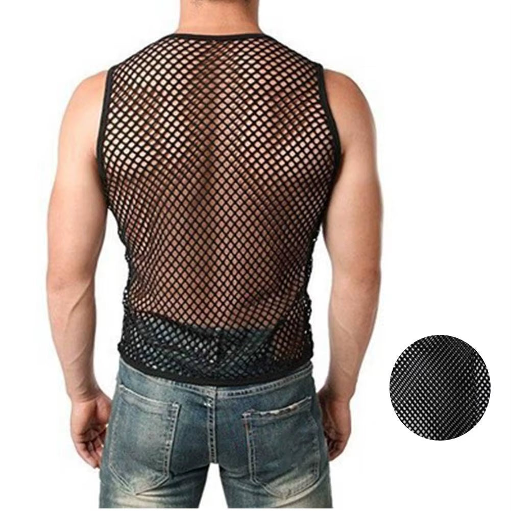 Mens Sexy Tank Top Transparent Mesh Undershirt Fishnet Vest String Sleeveless Shirts Male See through Night Clubwear Slim Sport